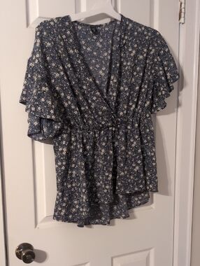 SHEIN Navy Blue Floral Wrap Blouse